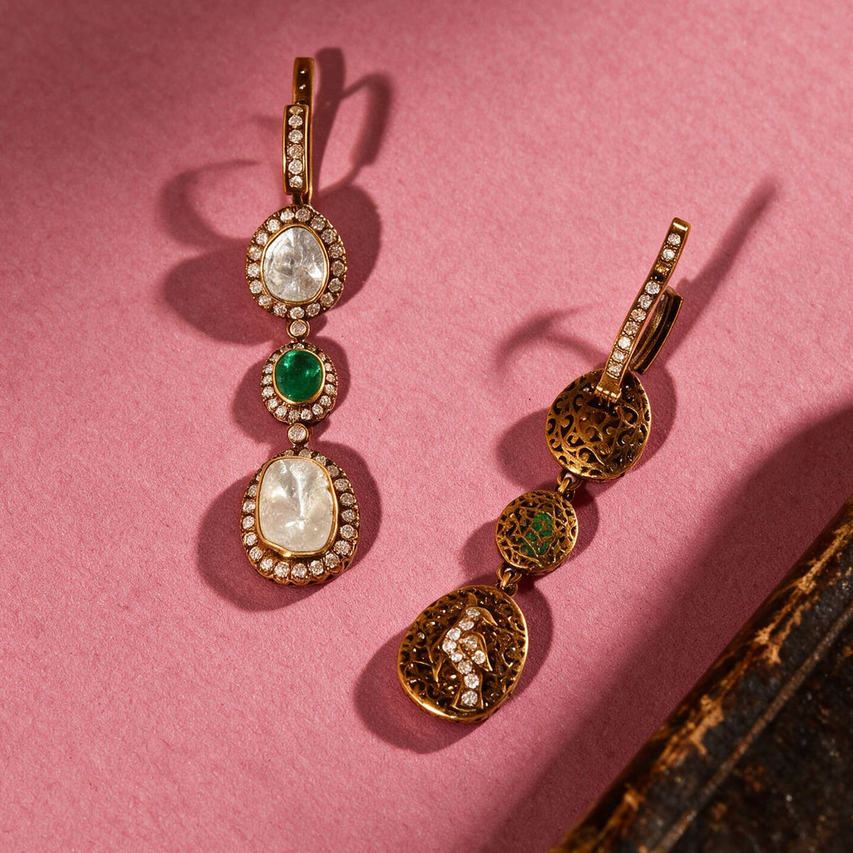 Double Polki Emerald Earrings