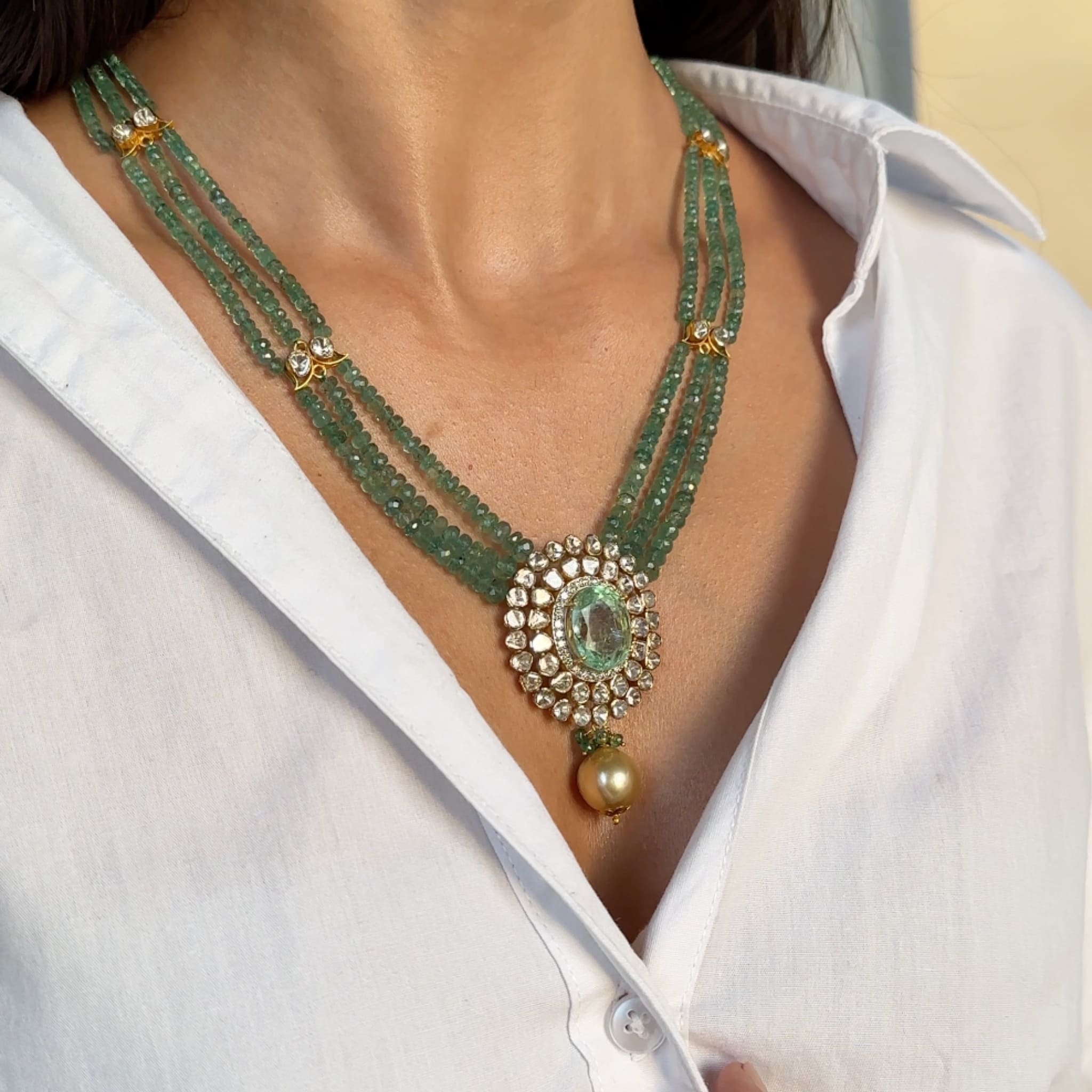 Kiara Emerald Polki Pendant Necklace -